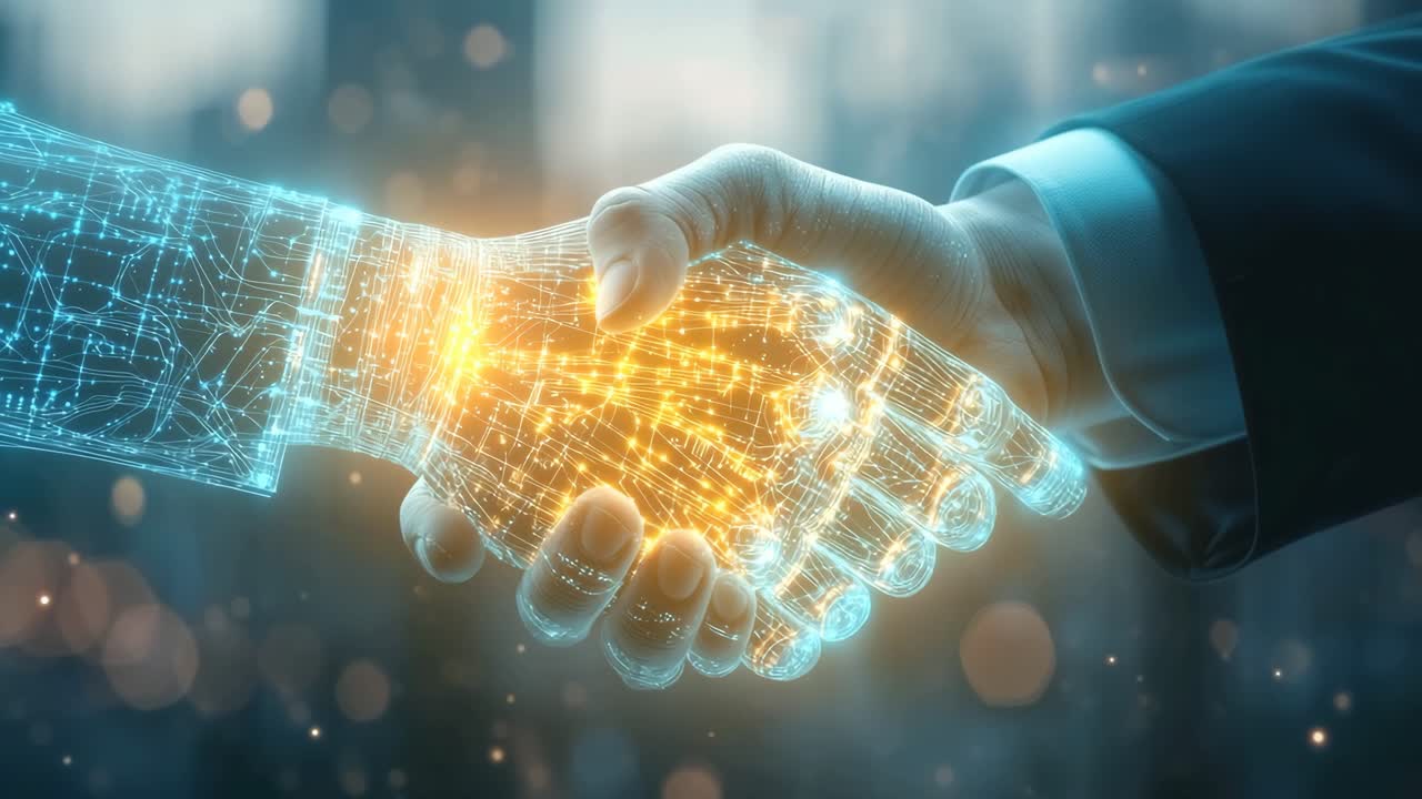 A futuristic concept of human and digital collaboration, captured from a side angle