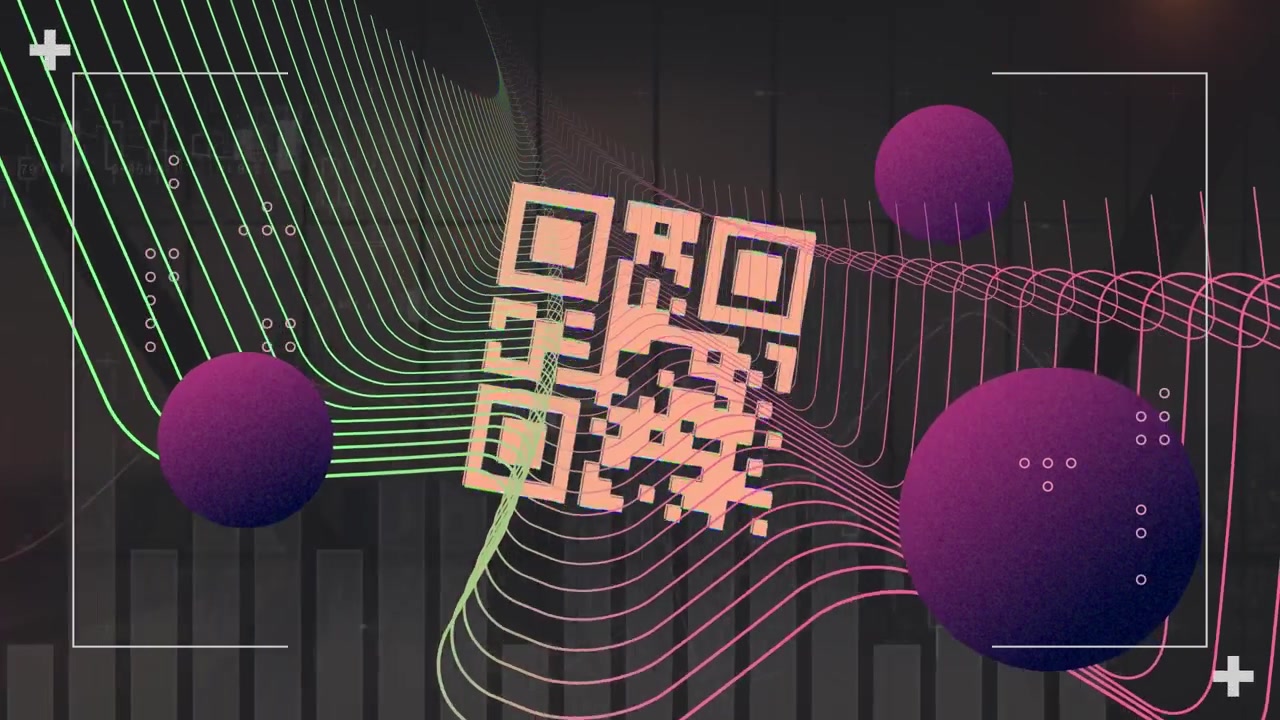 Animation of digital wave and abstract shapes over qr code scanner on statistical data processing