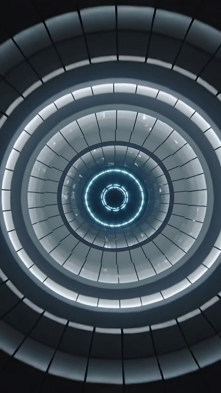 Vertical video: Revealing atrium with tile panels while camera pulling back, pulsing blue LED rings