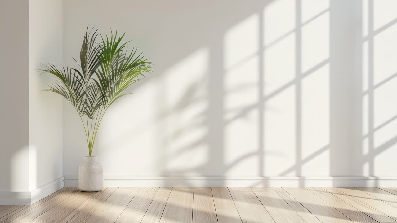 Minimalist interior with a potted plant casting shadows on a sunlit wall