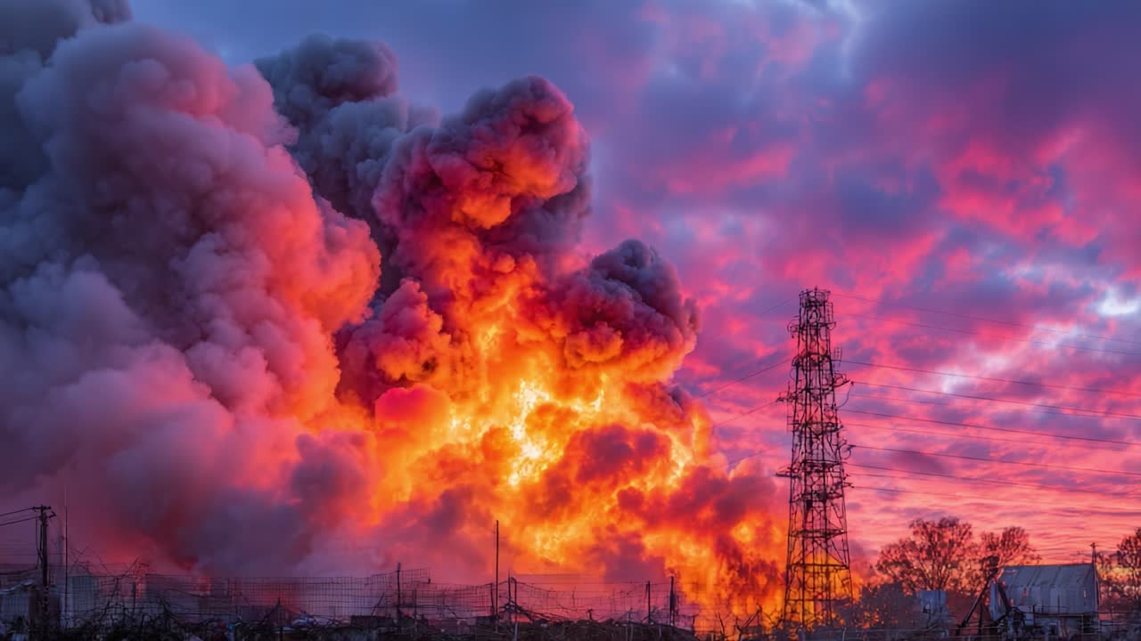 Eine dramatische Szene mit Feuer und Rauch, die in einen farbenfrohen Himmel aufsteigen und die Intensität einer Explosion bei Sonnenuntergang inmitten von Industrieanlagen zeigen