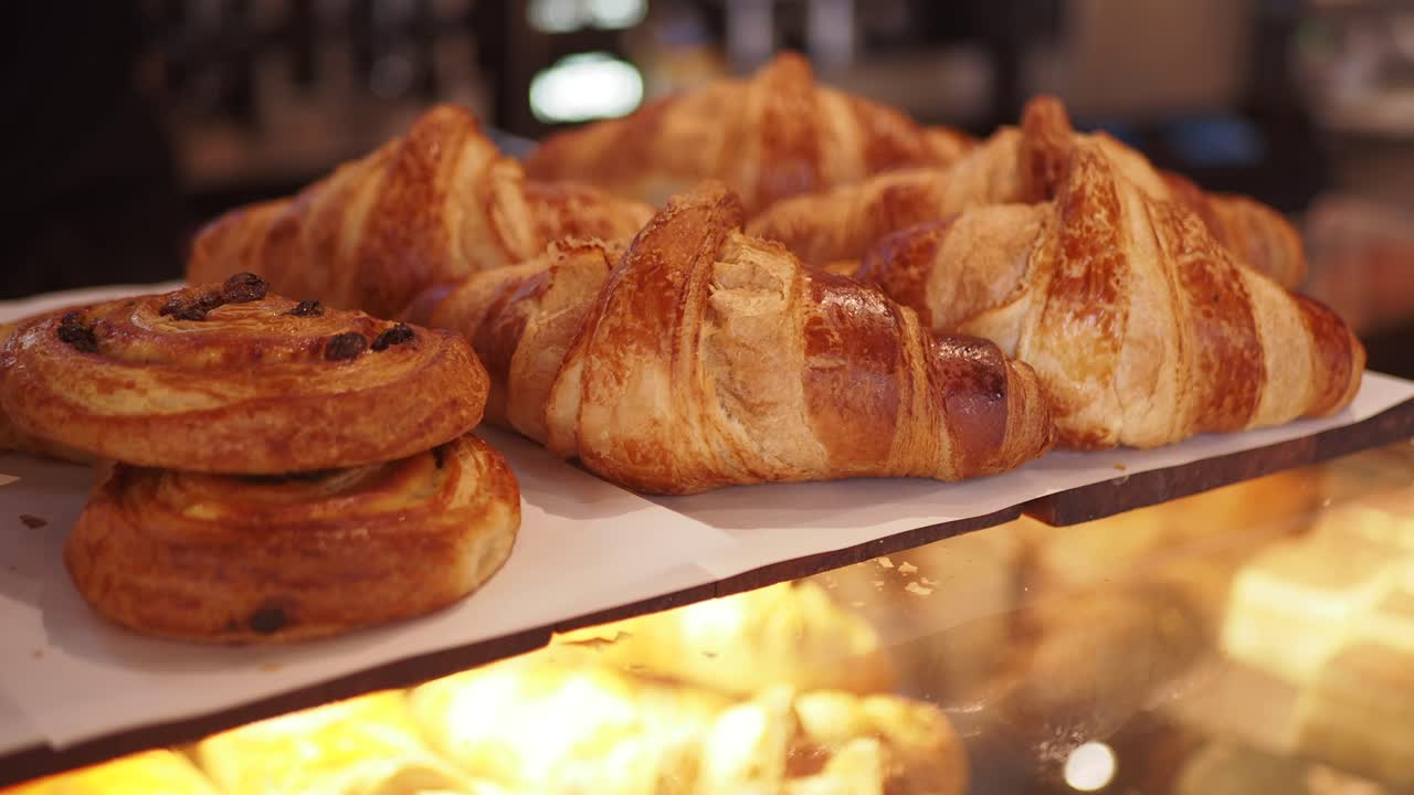 Freshly Baked Croissants and Pastries on Display in a Bakery