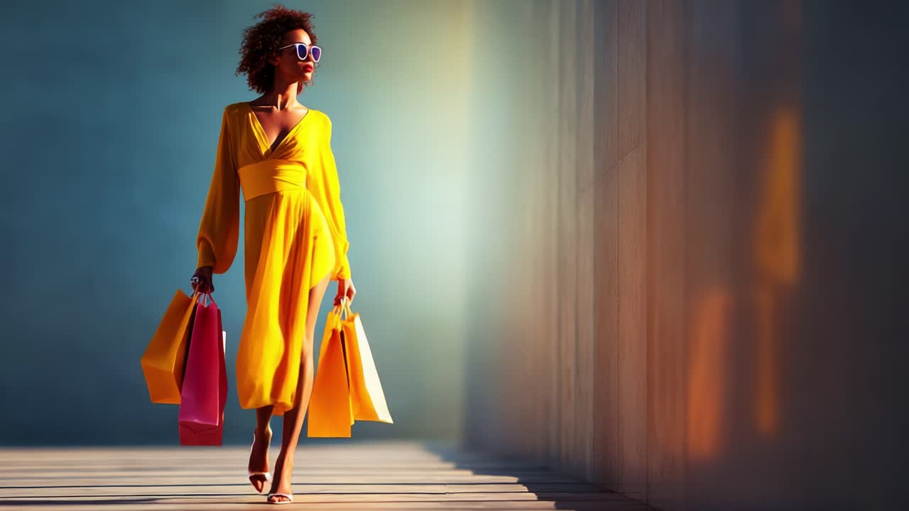 A confident woman in a vibrant yellow dress walks gracefully with colorful shopping bags, embodying the essence of style and urban shopping culture during a bright, sunny day