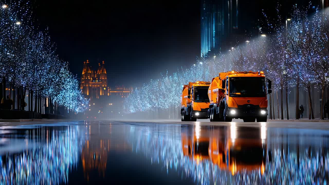 Illuminated Night Scene Featuring Two Orange Street Cleaning Trucks Navigating a Reflective Wet Road Surrounded by Dazzling Blue Christmas Lights and Architectural Fantasy in the Background