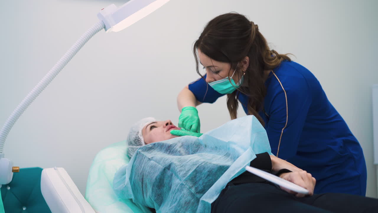 l'estetista fa un'iniezione per l'aumento del labbro della donna