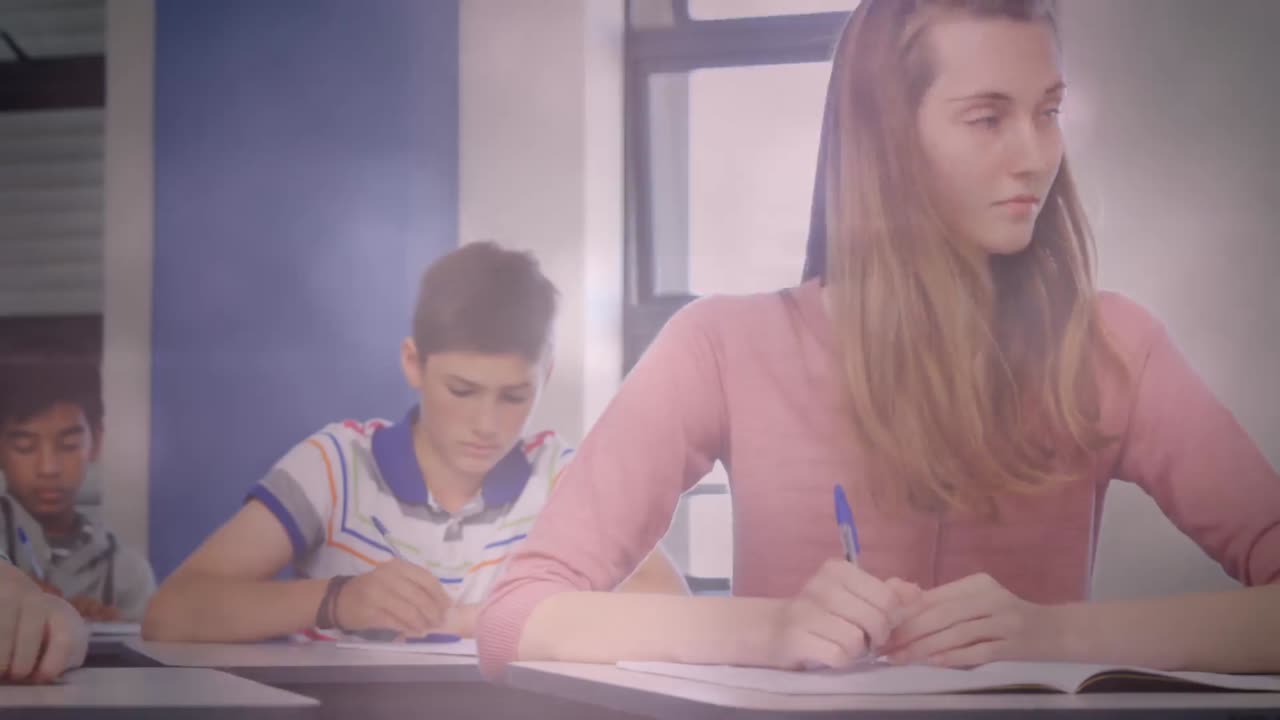 animación de estudiantes diversos en el examen de escritura escolar