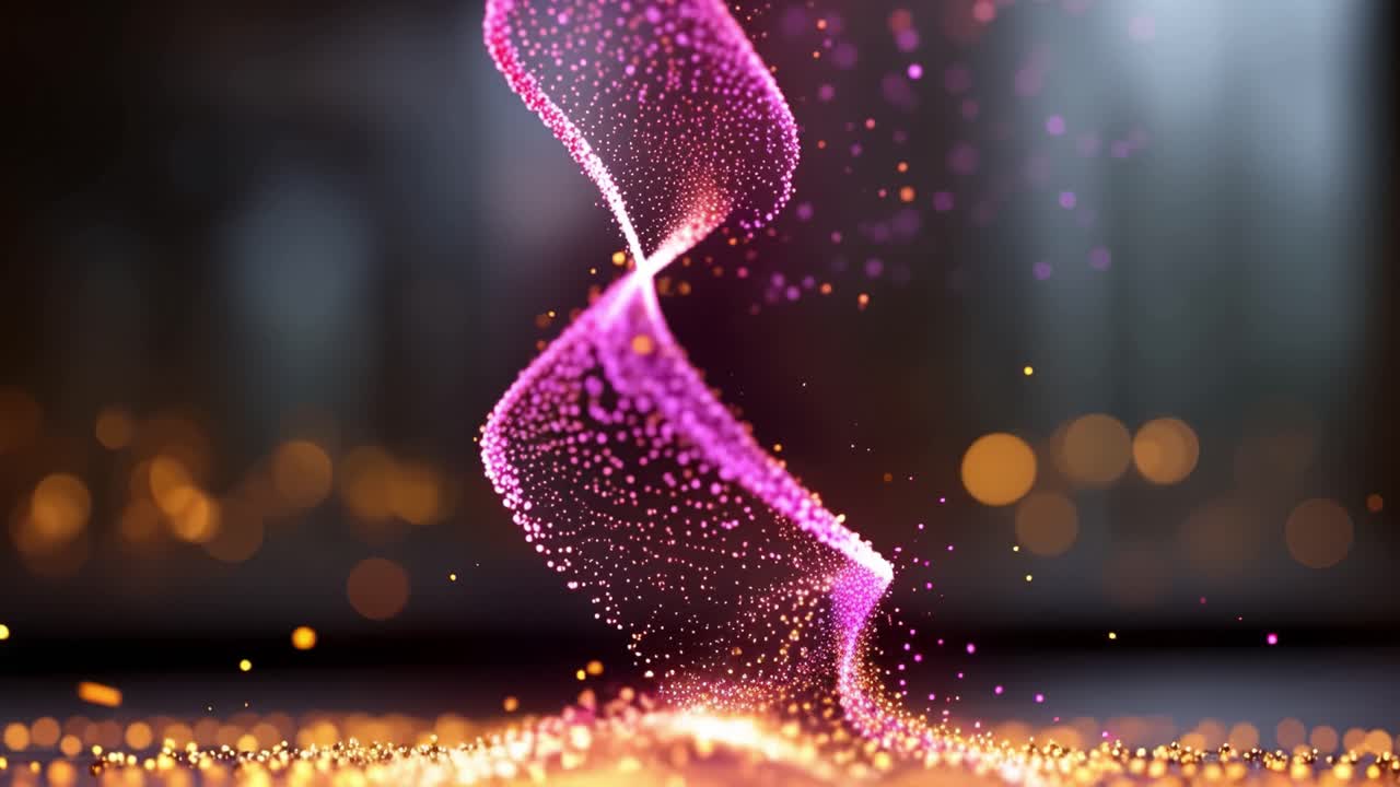 Particelle luminose vorticano con un movimento aggraziato e sinuoso. Un tenue bagliore illumina la forma vorticante dall'interno. Le particelle danzano come se fossero vive, rispondendo a correnti invisibili.