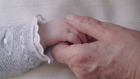 precious baby and grandma hold hands, closeup white linen background