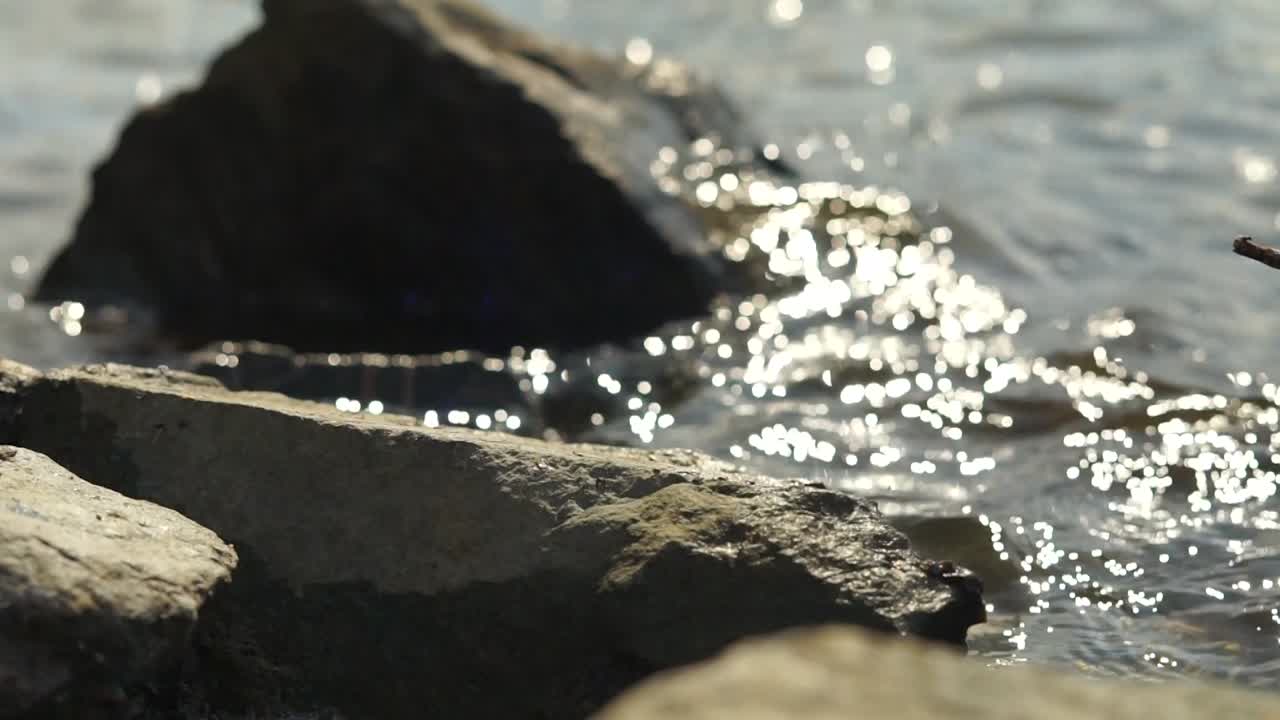 바위들은 작은 파도에 부히고 있습니다.