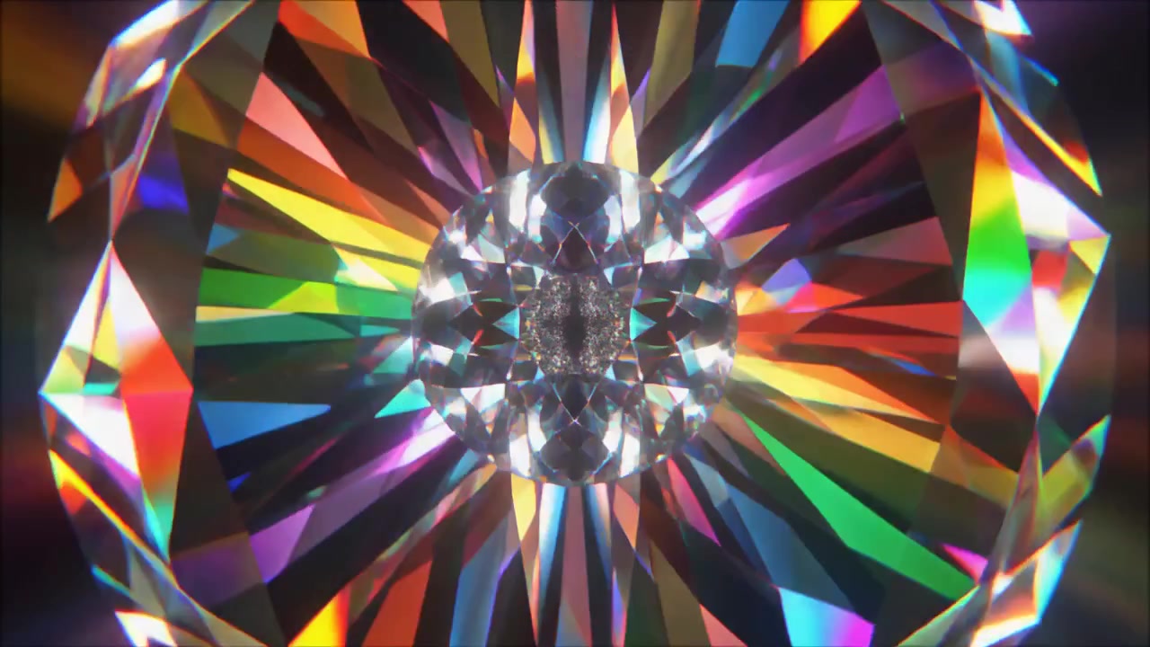 Diamante astratto con rifrazione della luce arcobaleno ed effetto caleidoscopio.