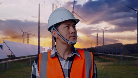 close up of asian male engineer with safety helmet looking around while standing with solar panel and wind turbines