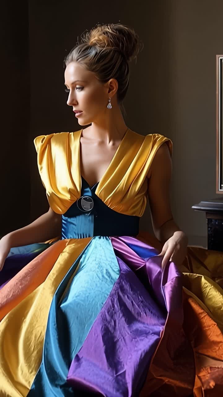 Donna Elegante in Abito Colorato Posa con Grazia Accanto alla Finestra, Catturando Luci e Ombre con Espressione Composta e Tocco Artistico in un Bellissimo Ambiente