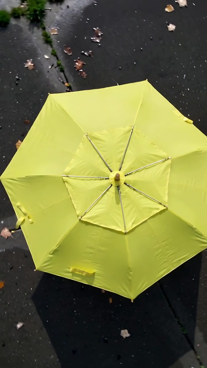 Video verticale: Telecamera che si allontana e si inclina verso l'alto, rivelando un ombrello giallo con le stecche su pavimentazione bagnata.