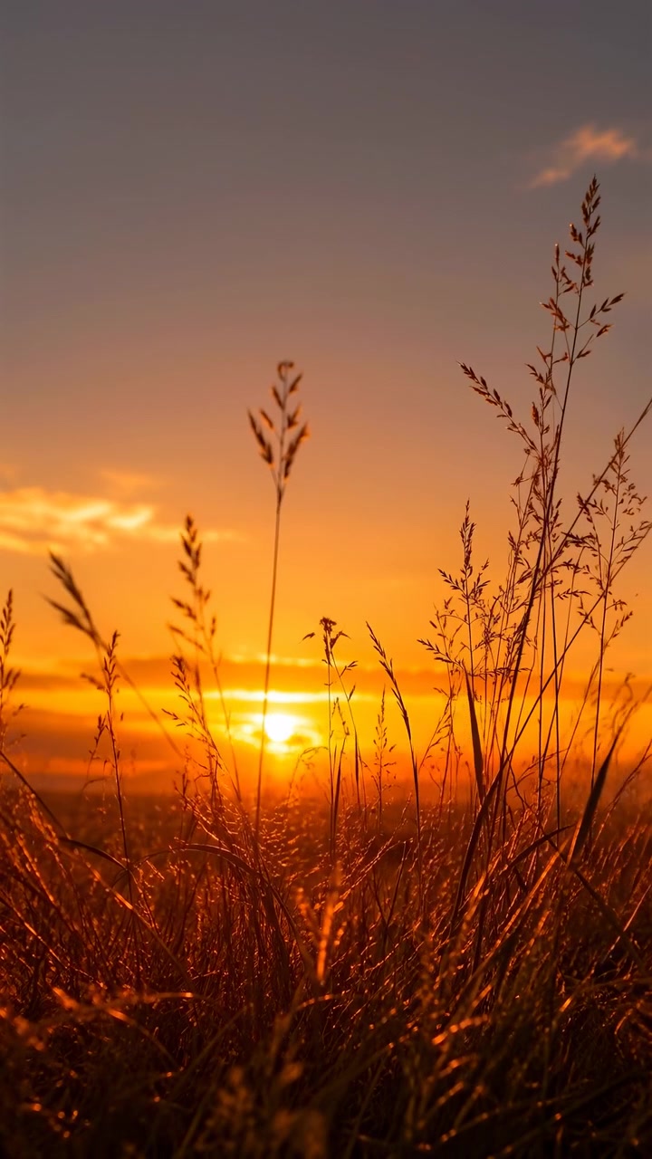 Piante selvatiche retroilluminate si ergono in primo piano mentre un brillante disco solare riposa vicino all'orizzonte lontano, con sottili fasce di nuvole e luce serale ambrata che creano una calda vista del campo a strati