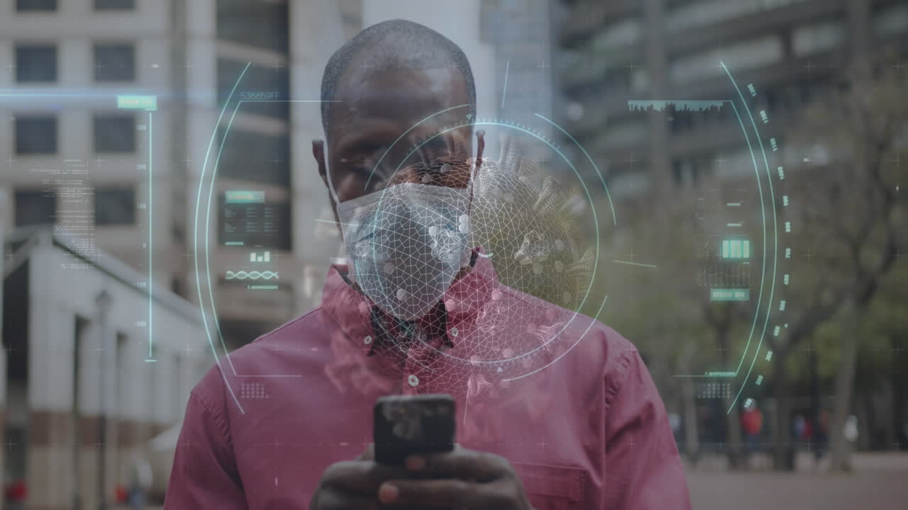 escaneo de alcance sobre la célula de covid-19 contra un hombre afroamericano que usa una máscara facial usando un teléfono inteligente