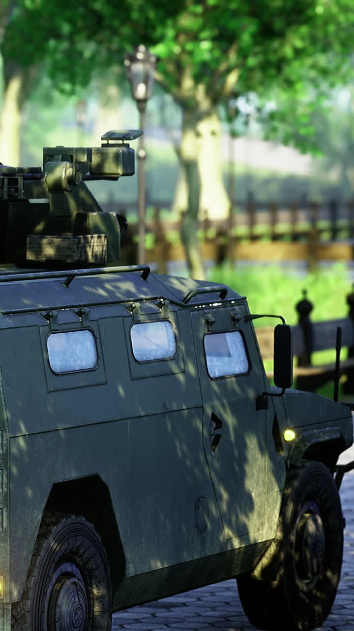 Military vehicle parked in a green park during daytime in the city