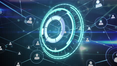 animación de la red de conexiones con iconos de personas y escaneo de alcance