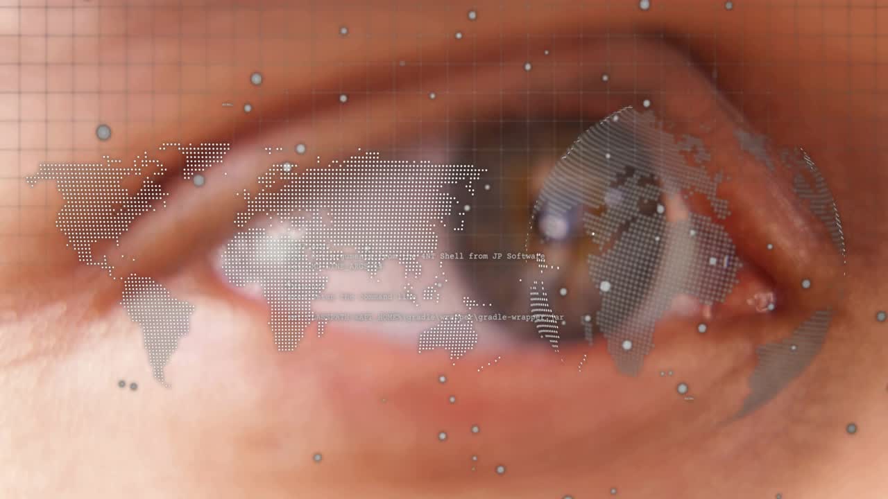 Right eye making microsaccades and blinking while dotted map overlay appearing showing global data
