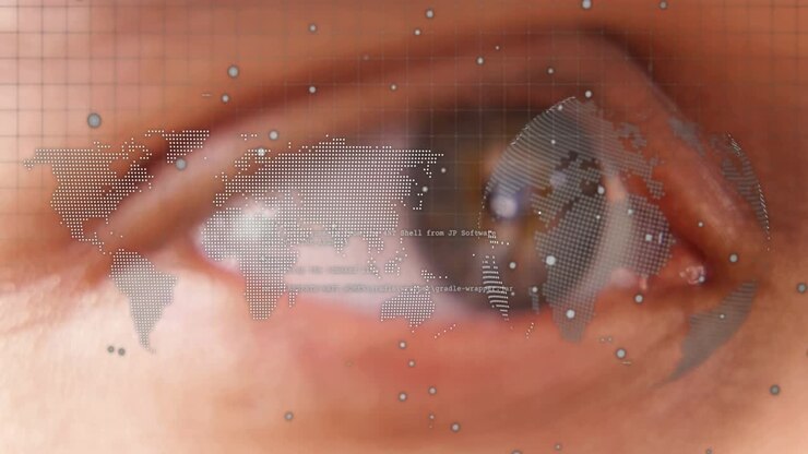Right eye making microsaccades and blinking while dotted map overlay appearing showing global data