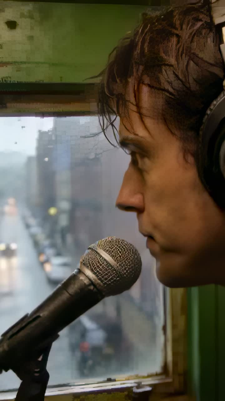 Vertical video: Singing man moving head and jaw beside rainy window for recording with mic, headset