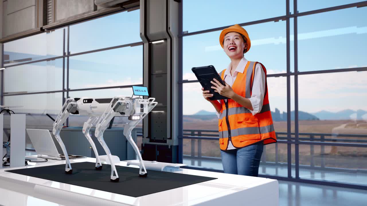 vista laterale completa del corpo di un'ingegnere asiatica con casco di sicurezza che guarda il tablet in mano e si guarda intorno mentre si trova in una fabbrica ad alta tecnologia, analizzando il concetto di macchina robotica