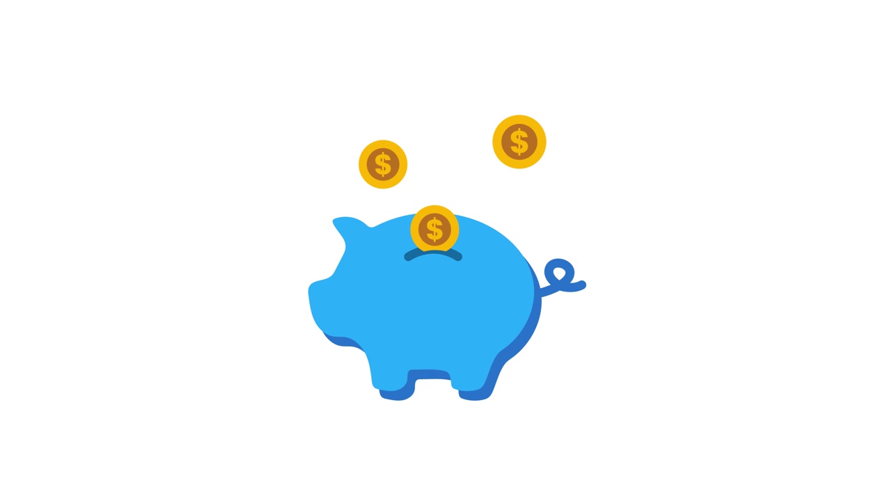 Piggy bank savings with dollar coins animation isolated on white background