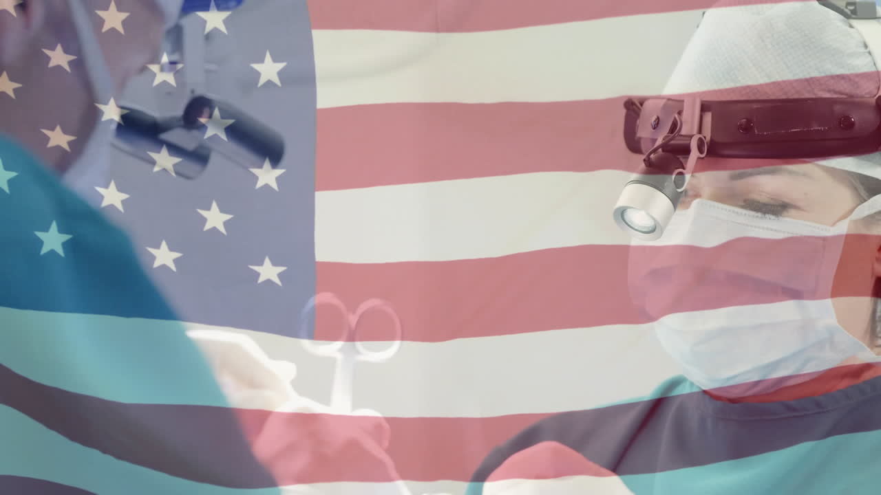 animación de la bandera de los estados unidos ondeando sobre los cirujanos en el quirófano