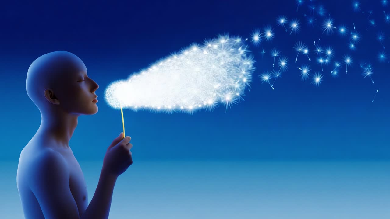 A serene figure gently blowing a dandelion puff, releasing a cascade of sparkling particles into the tranquil blue atmosphere, symbolizing dreams, wishes, and the power of imagination in a calm, beautiful scene