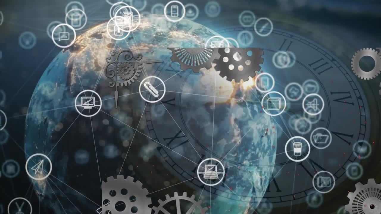 animación de la red global de iconos de medios durante el reloj y el cielo nublado