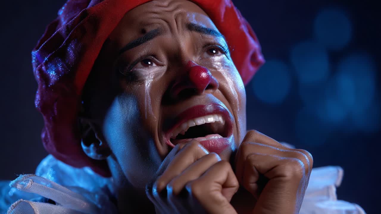 Emotional Clown: A Deeply Moving Portrait Capturing the Vulnerability and Suffering of a Clown Expressing Profound Sadness and Despair in Dramatic Lighting