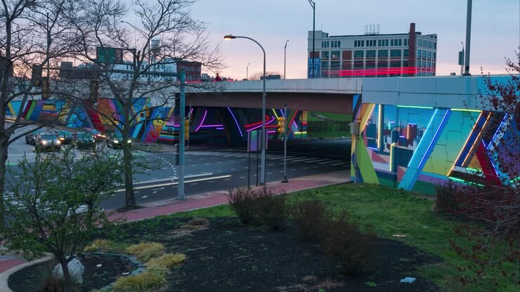 Timelapse del día al anochecer de un mural de arte urbano en un paso subterráneo que se ilumina al atardecer. En la ciudad, las luces de los coches pasan por una autopista junto a un parque