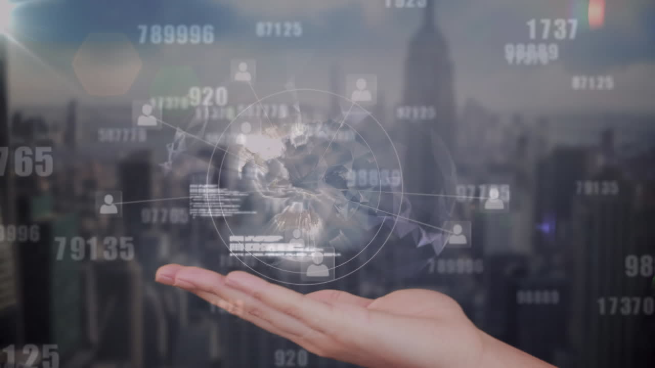 도시 풍경에 대한 데이터 처리에 대한 손에 연결 네트워크의 세계