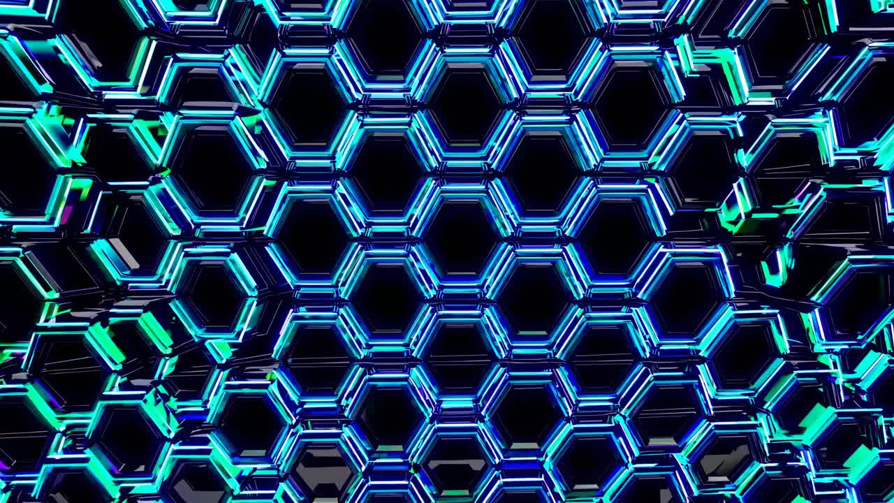 Video astratto di motivi esagonali luminosi nei colori verde neon e blu.