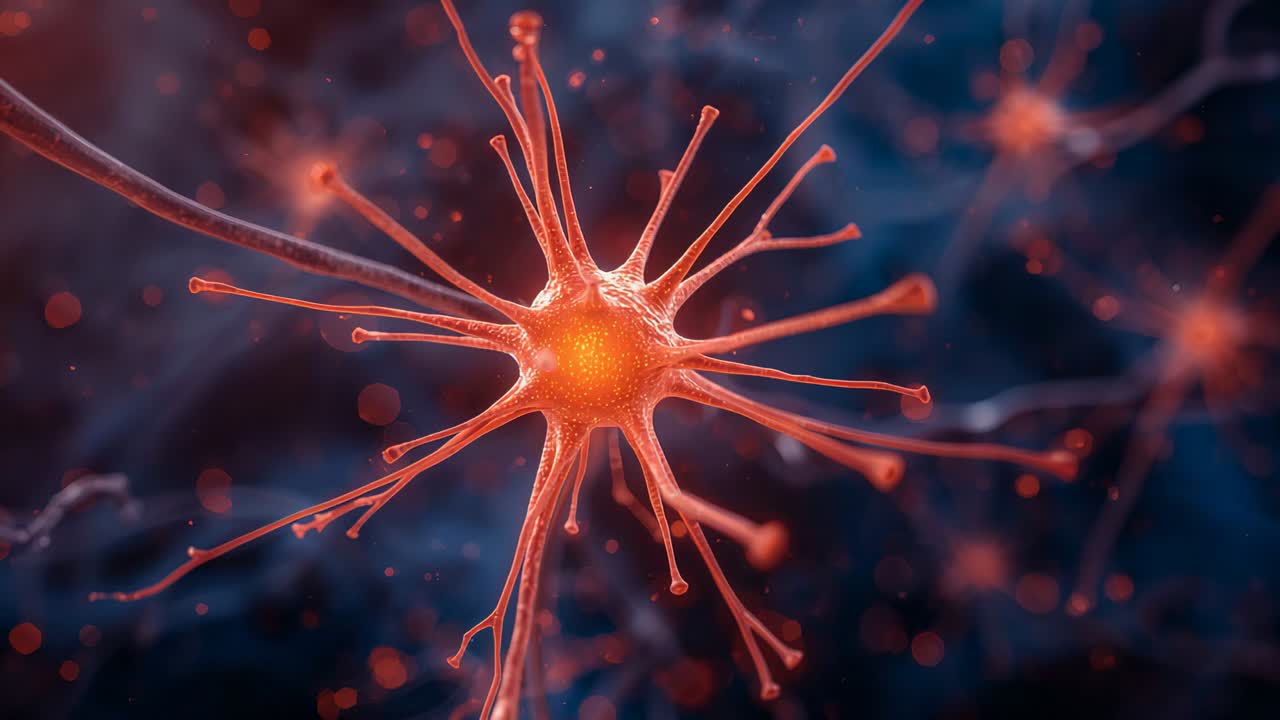 Brightening neuron soma firing, glow specks and branch bulb tips forming within bluish matrix