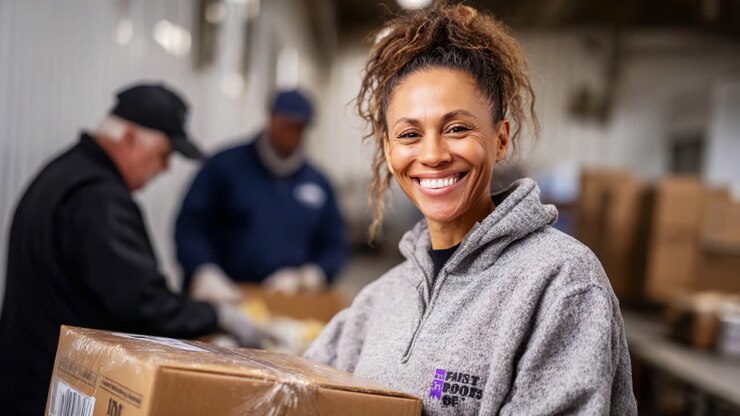 Donna sorridente in un magazzino che tiene in mano una scatola con colleghi sullo sfondo che lavorano in modo efficiente all'imballaggio e allo smistamento degli articoli con cura e precisione