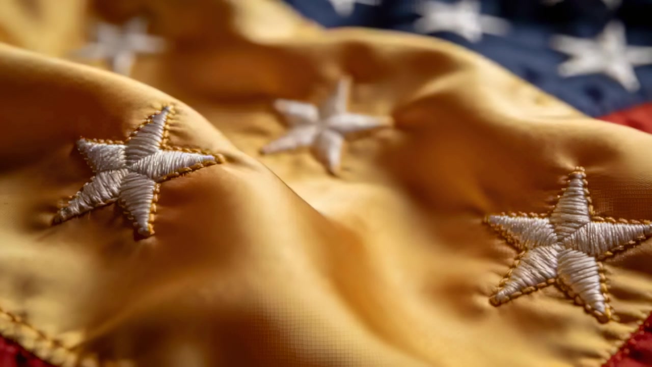 Cetim dourado ondulando com o movimento, com estrelas brancas costuradas, mostrando textura e brilho sob luz de estúdio.