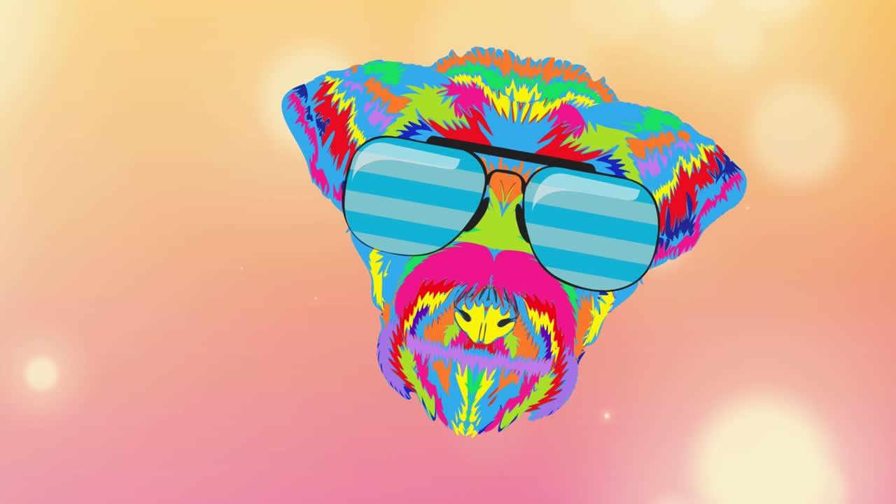 Animation of rainbow dog in glasses on orange background