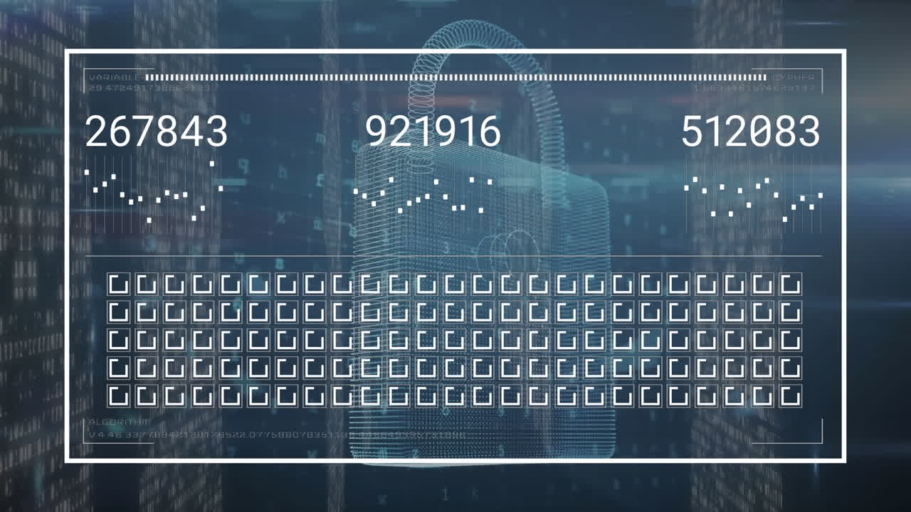 Animation of padlock, numbers and data processing over computer servers