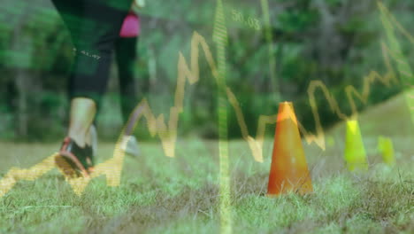 flat design showing runner legs weaving through bright cones on training field with graph overlays