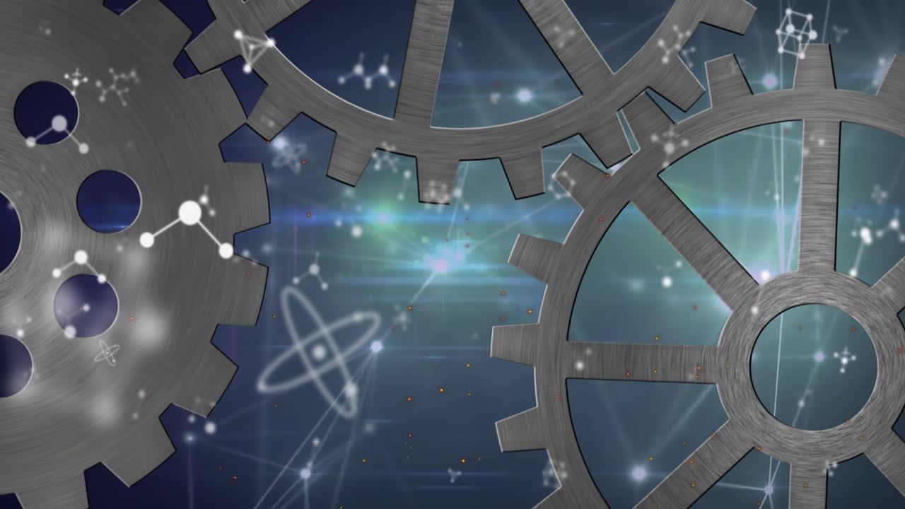 Animation of interlocking gears with molecular structures in cosmic background