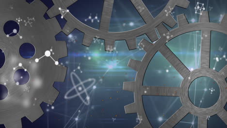 animation of interlocking gears with molecular structures in cosmic background