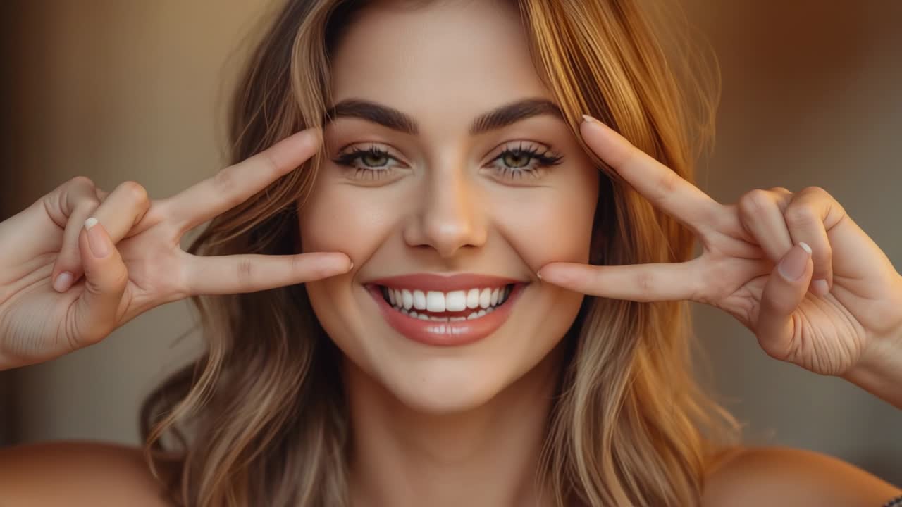 Donna sorridente che fa il segno della vittoria dopo un sorriso, in posa in una stanza accogliente, che mostra l'anello nuziale sinistro e indossa un top senza maniche
