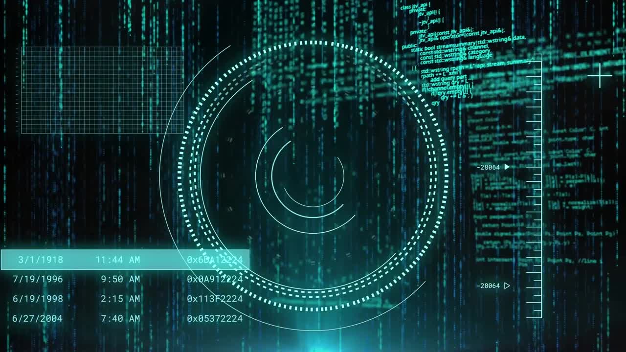 Animation of round scanner, data processing and blue light spot against black background