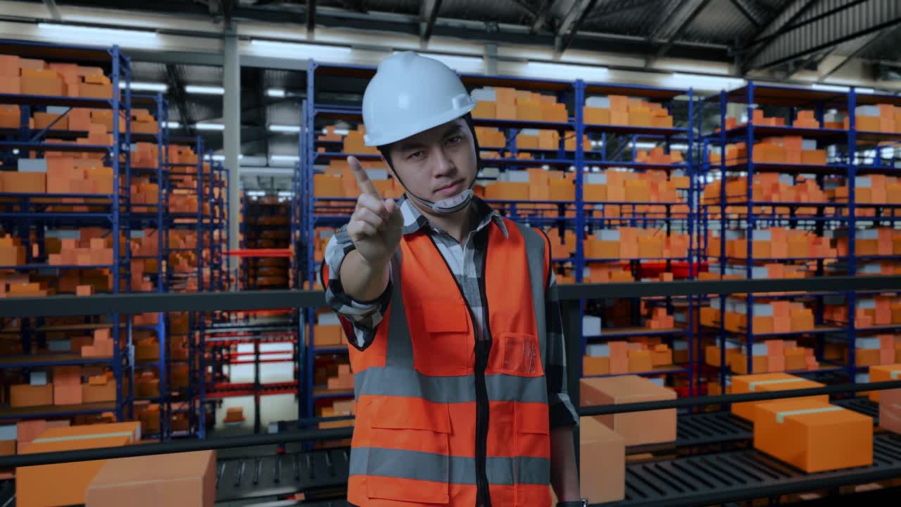 ingeniero asiático con casco de seguridad desaprueba sin señal del dedo índice mientras está de pie en el almacén con estantes llenos de mercancías de entrega