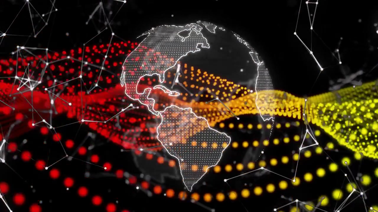 Nastri rossi e gialli che entrano, dando il via a un globo reticolato punteggiato che svanisce, ruota e si intreccia, mostrando dati.
