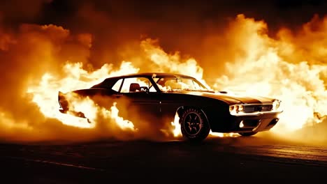 a black muscle car with flames coming out of it