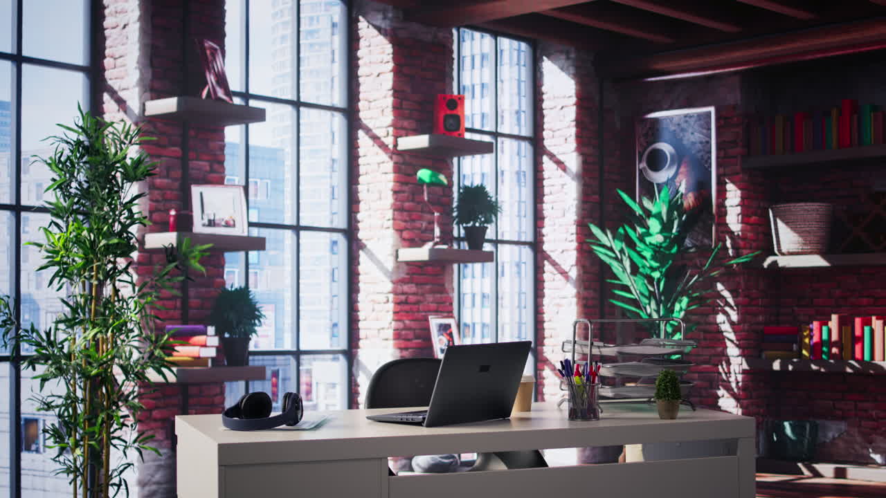 Home office with plants and city view