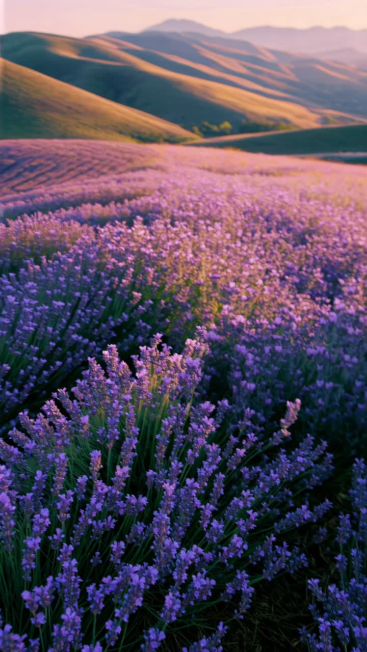 Aerial view of vast lavender fields at sunset, showcasing rows of purple blooms