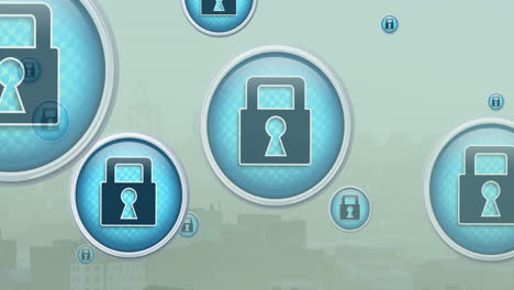 animación de múltiples iconos de cerraduras de seguridad flotando contra la vista aérea del paisaje urbano.