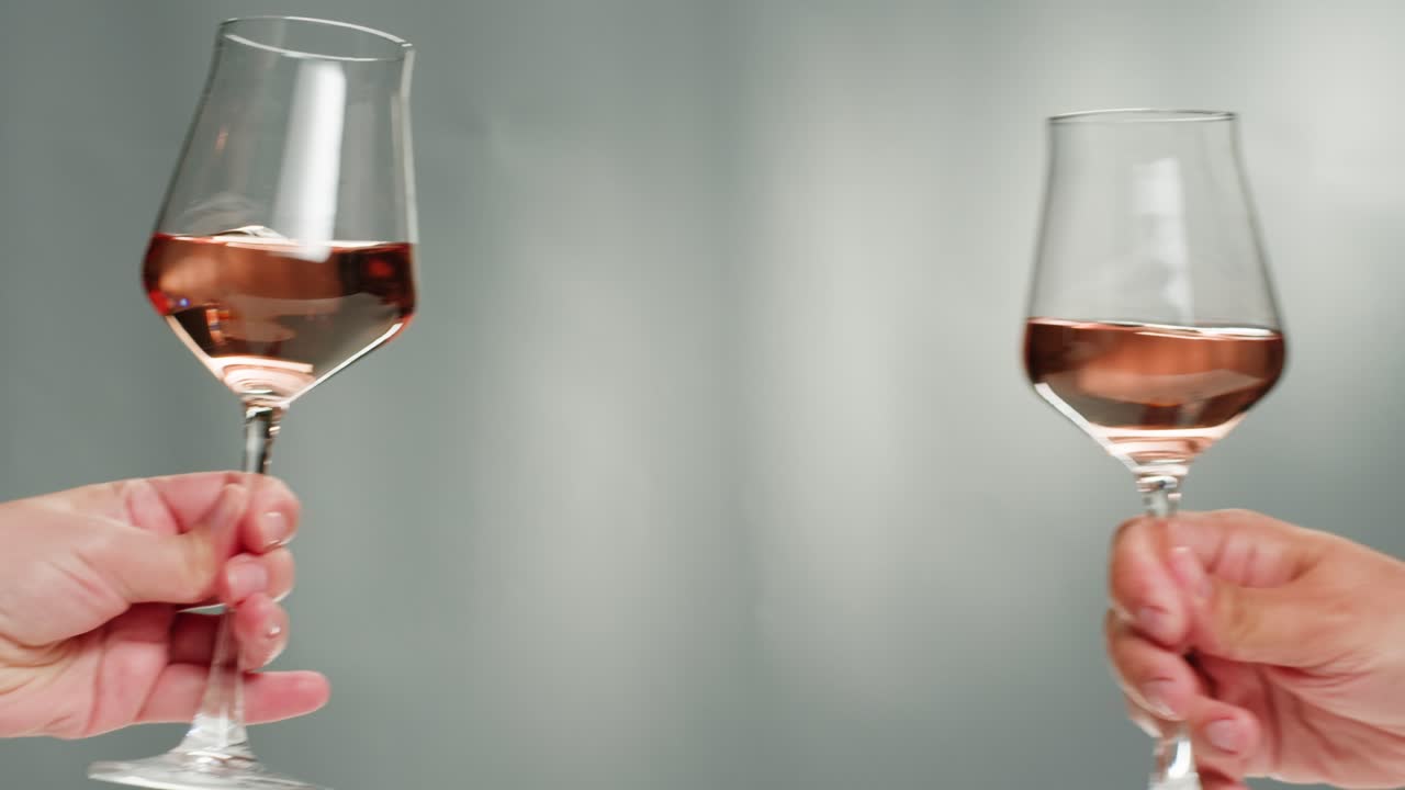 Rose Orange or white wine bottle and glass against a sunset in a peaceful vineyard, pouring of ecological natural wine. Cheers, hands with wine glasses, drinking alcohol.